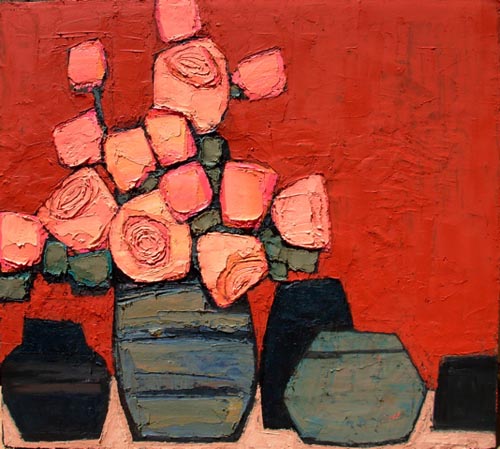 Peach Roses On Red